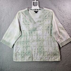 Ali Miles Embroidered Tunic Top Blouse Women 1X Plus V-neck‎ Tie Dye Light Green